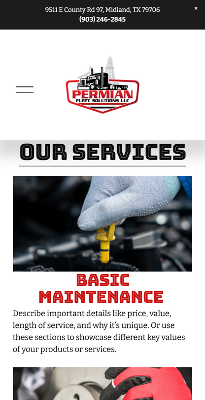 Heavy equipment repair shop. Mobile view of their website.